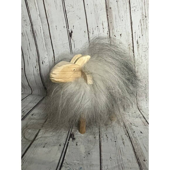 VTG Real Wool Sheep/Lamb Wooden Face Stick Legs Farmhouse Country Primitive